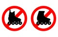 Sign prohibits entry and roller skating. Silhouette on a crossed round background. Warning illustration