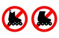 Sign prohibits entry and roller skating. Silhouette on a crossed round background. Warning. Vector illustration