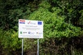 Sign promoting a project funded by the European Union in Papuk Geopark by the European structural and investment funds. The EU is