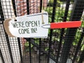 Sign `We`re open! Come in!` Royalty Free Stock Photo