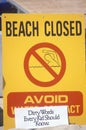 A sign reading Ã¯Â¿Â½Avoid Water ContactÃ¯Â¿Â½ warning people that a beach at Marina del Rey, Los Angeles, CA, is closed due to