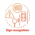 Sign recognition concept icon. Traffic signs detection. Smart car on road. Sensor technologies for safe driving idea