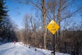 Sign reminding drivers of Peds pedestrians on the road. Unidentifiable hiker, taken in William O`Brien State Park in winter