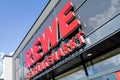 Sign at REWE beverage store Royalty Free Stock Photo