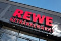 Sign at REWE beverage store Royalty Free Stock Photo