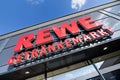 Sign at REWE beverage store Royalty Free Stock Photo