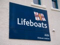 A sign at the RNLI lifeboat station, the most northerly RNLI station in the UK, serving Shetland`s Atlantic coast