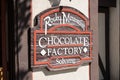 Sign for the Rocky Mountain Chocolate Factory, a dessert shop in the California Danish Village of Solvang, a town in CA