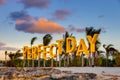 CocoCay Sign at Royal Caribbean`s Private Island at Sunset