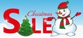 Sign sale with Christmas tree and Snowman on blue background. Vector Royalty Free Stock Photo