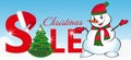 Sign sale with Christmas tree and Snowman on blue background. Vector Royalty Free Stock Photo