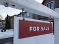 Sign for sale in front of a detached house in residential area. Royalty Free Stock Photo