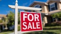 Sign FOR SALE of house in background, sale of purchase of property, inscription on sign for sale. Commercial proposal. Old cottage Royalty Free Stock Photo