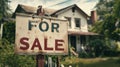 Sign FOR SALE of house in background, sale of purchase of property, inscription on sign for sale. Commercial proposal. Old cottage Royalty Free Stock Photo