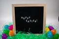 A Sign That Says Happy Easter With Easter Eggs