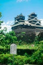 Sign says that Here is Kumamoto Castle Good View Point at the Kumamoto Castle is located in Kumamoto Prefecture, Japan. At this ti Royalty Free Stock Photo