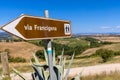 Sign showing the direction of Monteroni d`Arbia, route of the via francigena. Siena province, Tuscany. Italy