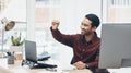 Sign and small gesture by happy businessman on a laptop, cheerful and excited in an office. Hands, emoji and little