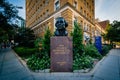 Sign and statue at George Washington University, in Washington,