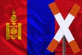 Sign, stop, attention against the background of the silk national flag of Mongolia, the concept of border and customs control,