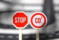 Sign with STOP CO2. the problem of environmental pollution, carbon emissions from cars and factories. carbon footprint