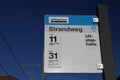 Sign of stop for streetcar tram for lines 11 and 31 at the end of line loop in Scheveningen, the Netherlands. Royalty Free Stock Photo