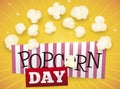 Stripped Sign, Label and Delicious Corn Popped for Popcorn Day, Vector Illustration