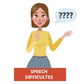 Sign of a stroke infographic. Woman with speech problem