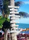 A sign stuck in a coconut tree with the words: May we have, faith in God, good humor, conversation that heals, good friends, dream