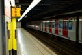 Sign symbol SOS.Subway metro train station platform with. Metropolitan railroad, railway Royalty Free Stock Photo