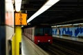 Sign symbol SOS.Subway metro train station platform with. Metropolitan railroad, railway Royalty Free Stock Photo