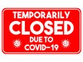 Sign temporarily closed due to Covid-19 with bacteria. Vector inscription in the red rectangle on the closed office door, store or