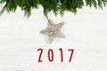 2017 sign text on christmas golden star on green tree branches o Royalty Free Stock Photo