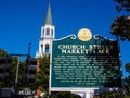 The sign with text at Church Street Marketplace with a blue sky in central Burlington, Vermont, USA Royalty Free Stock Photo