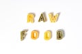 Sign, text raw food made of italian pasta on white background, veggie diet and eating concept