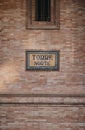 Sign on Torre Notte, North Tower on Plaza de Espana, Seville, Spain