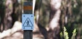 Sign of the tourist trail in the forest. Wooden sign shows tourists the directions of the trail