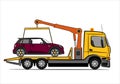 Yellow Tow truck delivers the damaged vehicle. Royalty Free Stock Photo