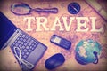 Sign Travel, Laptop, Mouse, Globe, Compass, GSM Phone, Letter, M Royalty Free Stock Photo