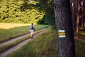 Sign on tree trunk in forest. Male hiker goes down a path in the grass with a backpack on his back