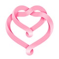 The sign of the union of two hearts made of intertwined pink mobius stripe. Symbol of infinite love