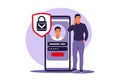 Sign up concept. Young man signing up or login to online account on smartphone app. Secure login and password. Vector illustration