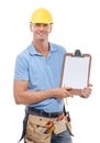 Sign up, contract and construction worker with a clipboard for a deal and asking for information and details. Portrait