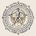 Sign with Vitruvian man on the background of a human skull