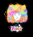 Sign of the virgo zodiac. The colorful face of a beautiful girl. T-shirt printing. Mixed media. Vector illustration