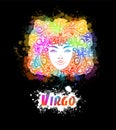 Sign of the virgo zodiac. The colorful face of a beautiful girl. T-shirt printing. Mixed media. Vector illustration