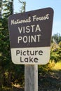 Sign for Vista Point at Picture lake in the National Forest at Mount Baker