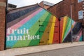 Sign on a warehouse showing the Fruit Market regenerated area of the city of Kingston upon Hull, UK