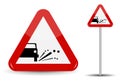 Sign Warning Emission of gravel, stones. In Red Triangle is a schematic machine, from which objects fly. Vector