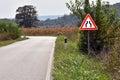 Sign that warns drivers that the road is narrowing ahead